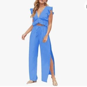NWOT  2 Pieces Deep V Neck Crop Top Side Slit Drawstring Wide Leg  Jumpsuits L